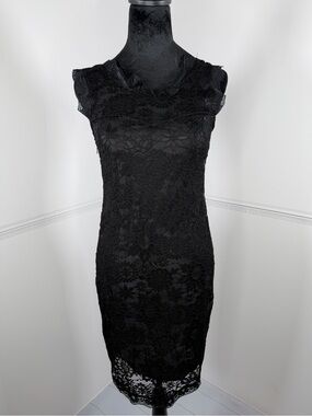 NWT ACEVOG Black Lace Bodycon Dress Size Small Sheer Overlay Cocktail